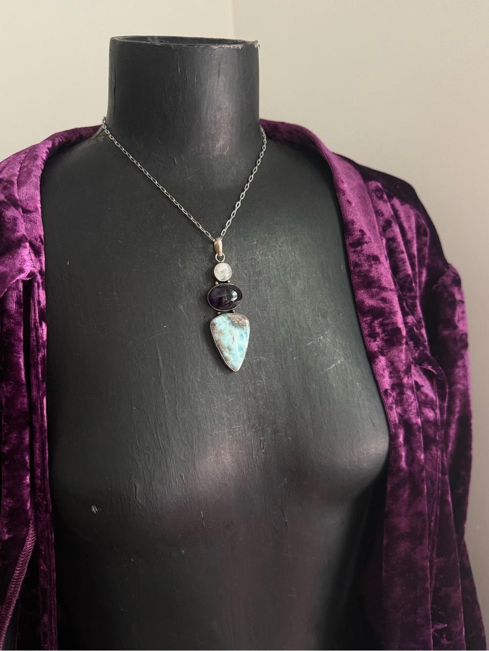 Larimar amethyst moonstone crystal pendant necklace layering jewelry boho style